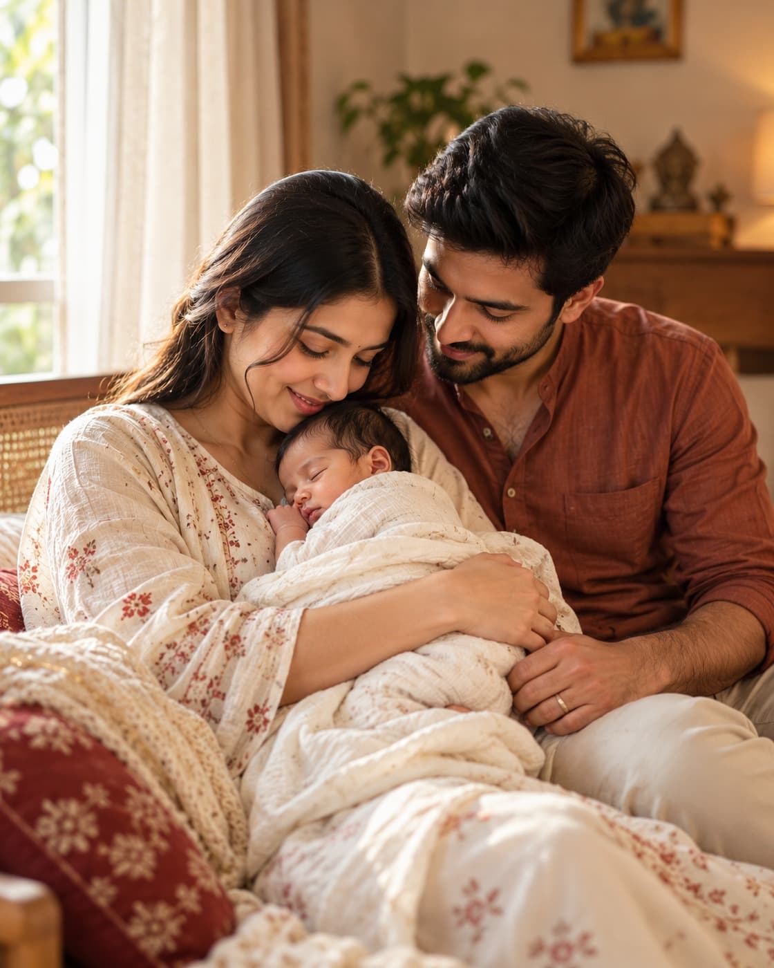 एक माँ अपने सोते हुए नवजात शिशु को गोद में लिए हुए, पिता पास बैठकर बच्चे की ओर देखते हुए